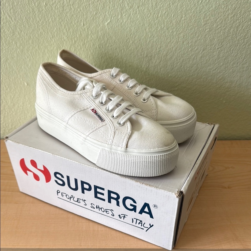 Superga White Canvas Sneakers Linea Up and Down Platform Classic Low-Top Design